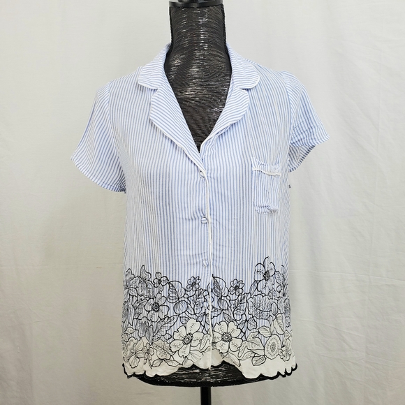 Anthropologie Tops - Anthro Floreat Pinstriped Floral Split Back Blouse